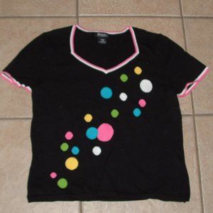 Black with Colorful Polka Dots Sz Medium Petite Stretchy Short Sleeve Sweater